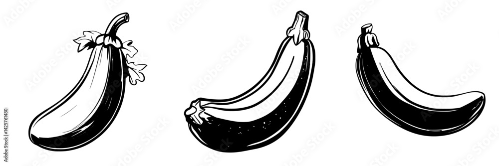 Poster set of black icons depicting three different varieties of bananas arranged in a row on a white backg