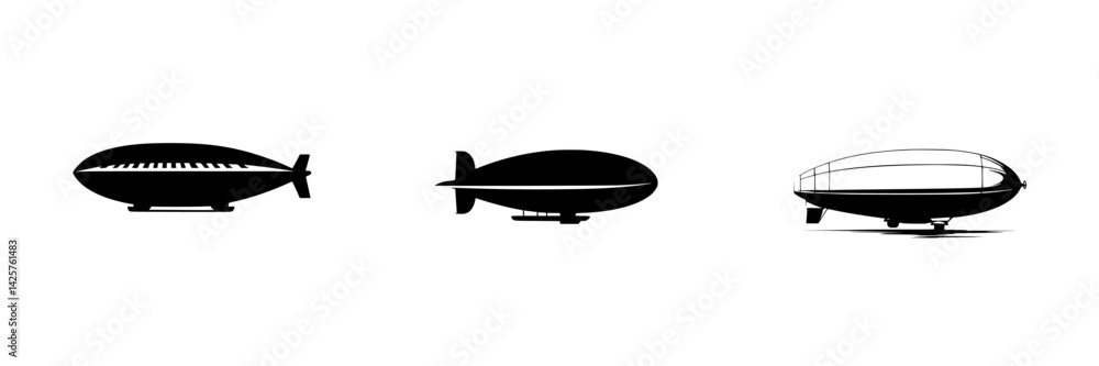 Poster set of three black icons representing various types of airships or dirigibles designed in a minimali