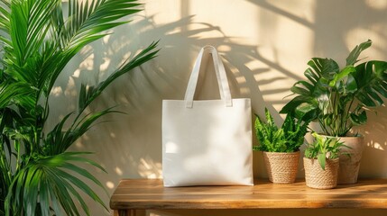 Minimalist White Tote Bag on Wooden Table with Plants in Background