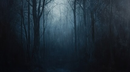 Fototapeta premium Dark, misty forest path; shadowy trees, eerie atmosphere.