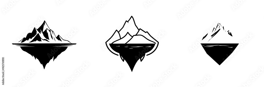 Poster set of three black icons depicting floating mountains and icebergs in minimalistic design style