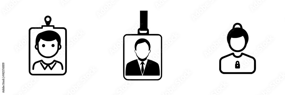 Poster set of black icons representing different types of identification badges and their uses for personal