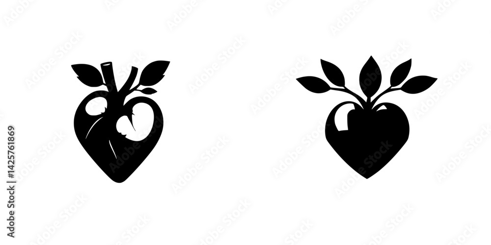 Poster set of two black heart icons illustrating different designs and shapes for artistic use in graphic p