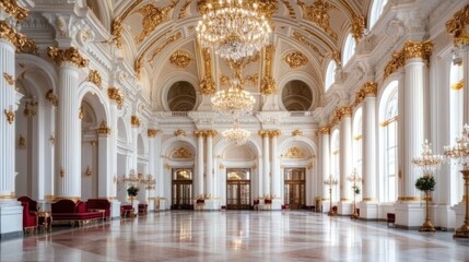 Grand Interior of Historic Palace with Ornate Decor and Chandeliers