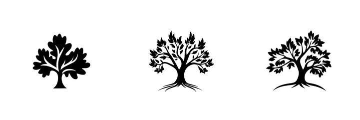 Set of black tree icons featuring different leaf designs on a white background