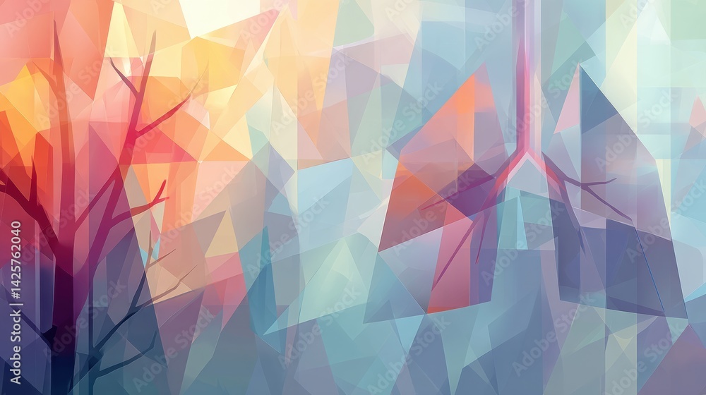 Poster Breathing Abstract Lungs Animated in Pastel Fog With Colorful Geometric Shapes and Soft Background Elements