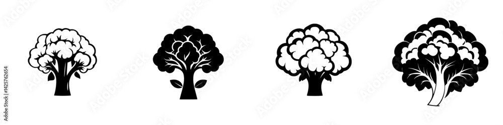 Poster black icons depicting various styles of trees in a minimalist design suitable for nature-themed proj
