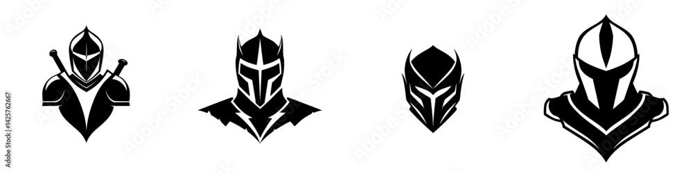 Poster set of four distinct black icons representing stylized warrior characters with unique designs and fe