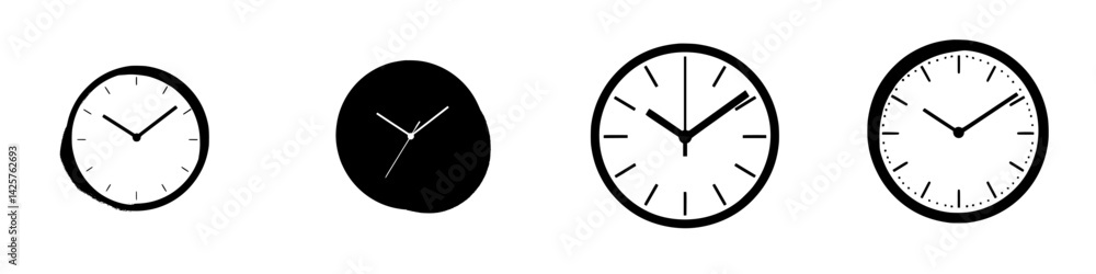 Poster different styles of black clock icons displaying various times with simple designs