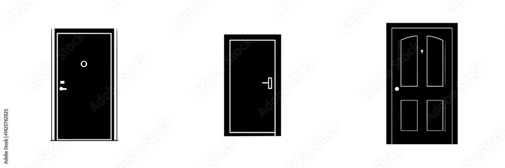 Poster set of black door icons featuring different designs and styles for digital use in graphic projects