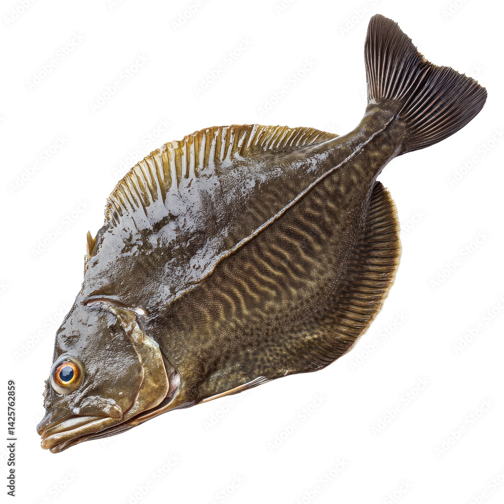 Poster fresh flatfish displayed on a white background featuring unique patterns and colors typical of the s