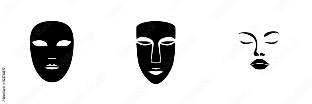 Aufkleber black icon set featuring three distinct facial masks representing various emotions and expressions i
