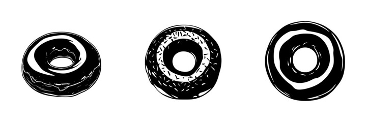 Black icons of donuts showcasing different styles and textures, ideal for culinary designs and food-related projects