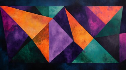 A geometric painting of overlapping triangular shapes, layered in various sizes, centered with vivid purple and orange hues, left side with green triangles, right side with black and teal elements,