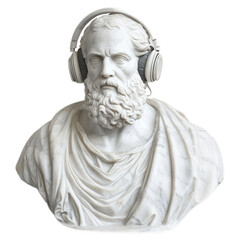 Ancient Greek Plato sculpture wearing headphones, marble sculpture, modern art. Isolated on whiter or transparent background
