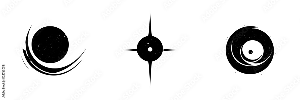 Aufkleber set of three black icons featuring circular and spiral designs representing abstract concepts and mo