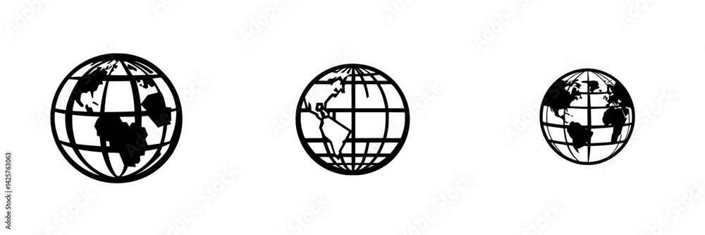 Poster set of three black globe icons representing the earth in various views, suitable for diverse design 