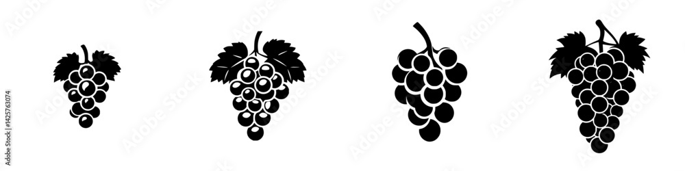 Poster black icons of grape clusters depicting various shapes and sizes suitable for design or illustration