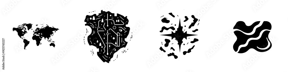Poster set of black icons representing geographical and abstract concepts for creative design and presentat