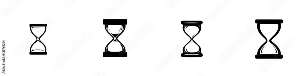 Poster black hourglass icons representing the passage of time in various styles and orientations for design