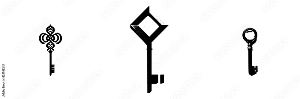 Poster collection of black icons representing various key designs showcasing intricate shapes and styles us