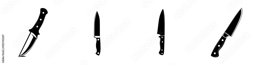 Poster set of black knife icons featuring various types suitable for culinary tasks and design elements in 