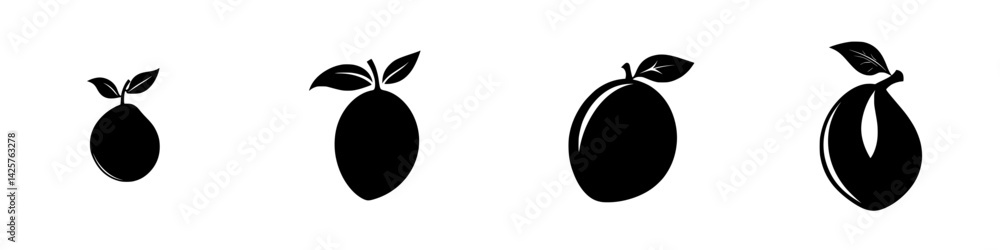 Poster black icons of various fruits arranged in a row for graphic design and creative applications