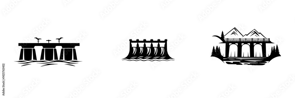 Poster set of black icons representing various water structures, ideal for designs and digital applications