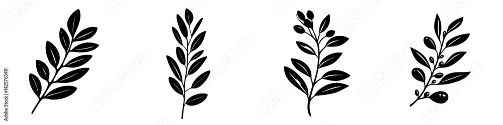 Poster set of black leaf icons depicting various botanical designs for use in graphic design projects and i