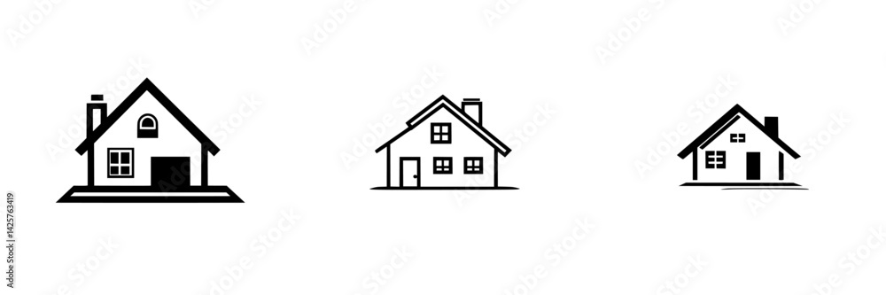 Poster set of black house icons showcasing various architectural styles for design projects or digital appl