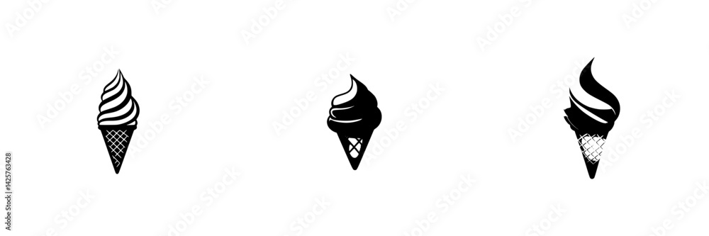 Poster black icons of ice cream cones arranged in a row on a plain background highlighting design versatili