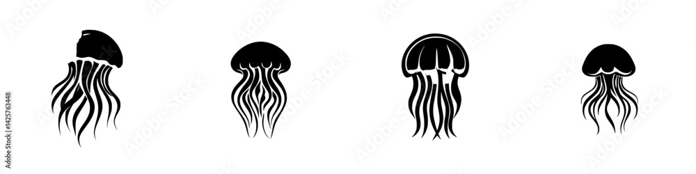 Poster black icon set of various jellyfish in minimalist design for creative projects and digital applicati