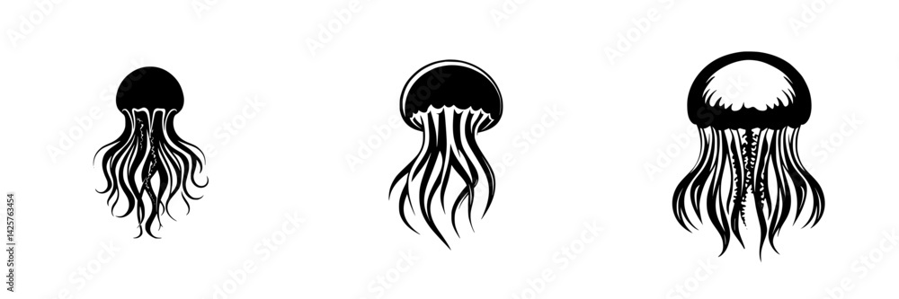Aufkleber black silhouette icons of jellyfish arranged in a row showcasing distinct shapes and tentacle patter