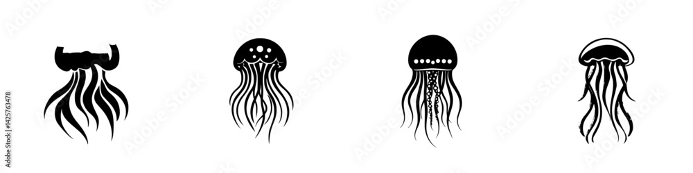 Poster black icons depicting various jellyfish designs showcasing unique patterns and forms for artistic re