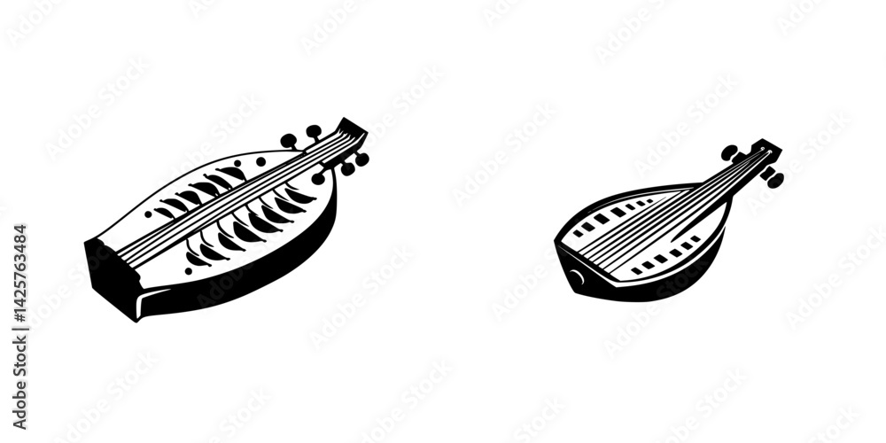 Poster black icon of two traditional string instruments with detailed designs for creative projects