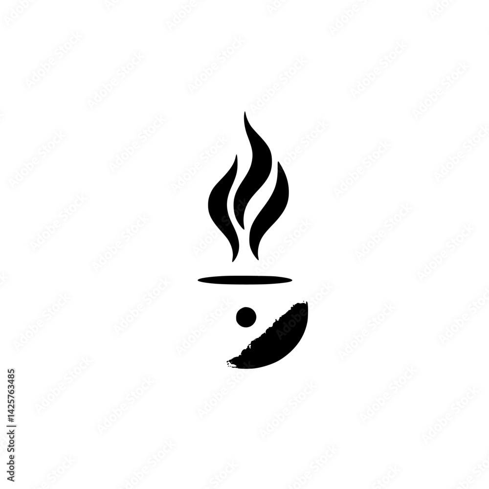 Poster black icon featuring stylized flames above a circular shape created with minimalistic design element