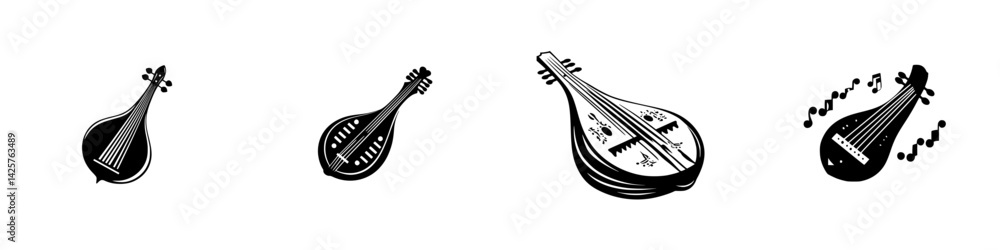 Poster various black icons of string instruments displayed in a row showcasing unique designs and shapes