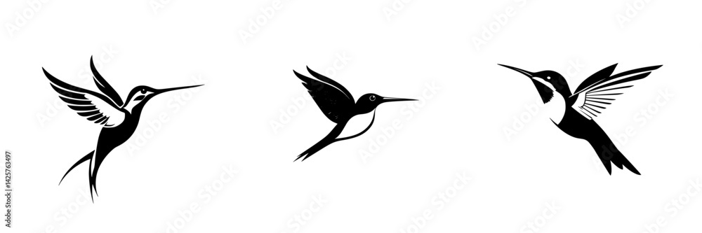 Poster set of black hummingbird icons showcasing different poses and styles in a minimalist design suitable