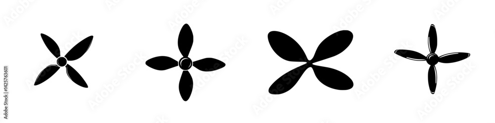 Poster set of four black icons representing different styles of propellers for design projects and visual p
