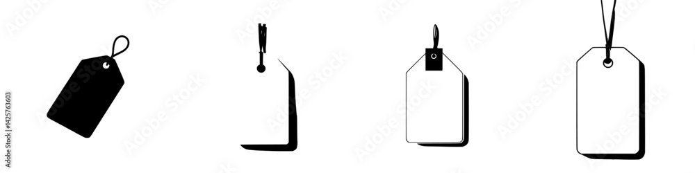 Poster set of black icons featuring various styles of tags with different designs on a plain background