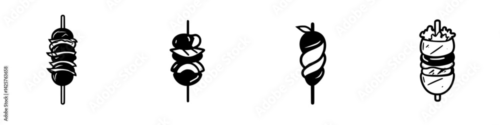 Poster variety of black icons representing skewered food items in a simple and modern design style for rest