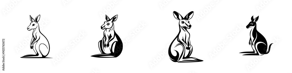 Poster stylish black icon set showcasing various kangaroo silhouettes in simple lines and forms