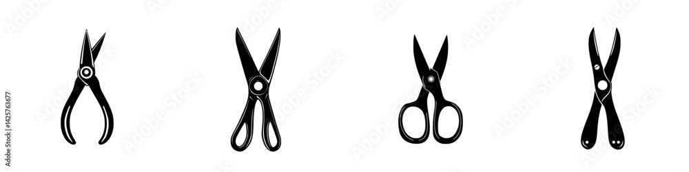 Poster collection of black icons depicting various styles of scissors suitable for design and illustration 