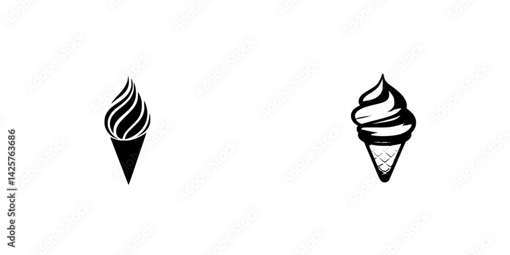 Poster set of black ice cream cone icons with stylized swirls in a minimalistic design for various applicat