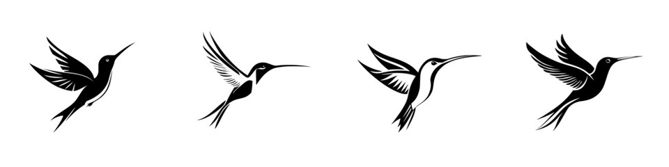 Fototapeta premium Stylized black icons of hummingbirds showing different positions in flight for design and illustration purposes