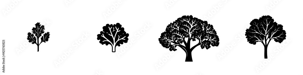 Poster stylized black tree icons representing various sizes and shapes in a simple design
