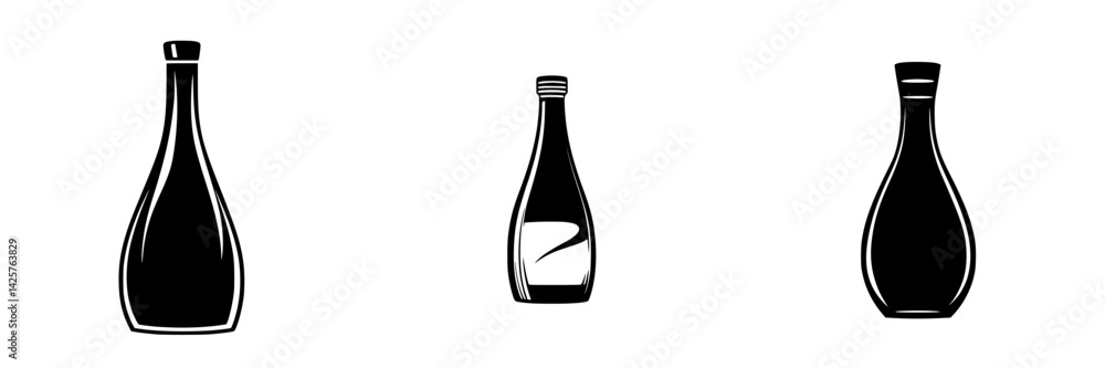 Poster collection of black icon bottles showcasing unique shapes and sizes against a minimalist backdrop pe