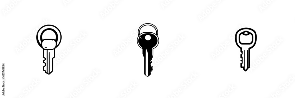 Poster set of black icons representing different types of keys for various uses and collections
