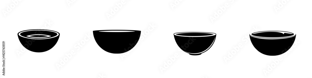 Poster set of black bowls in various shapes arranged in a row showcasing minimalist design and elegance for
