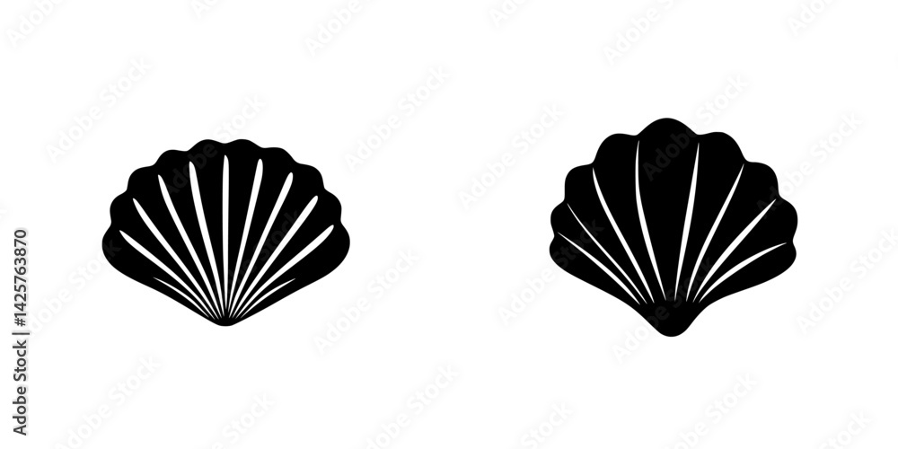 Poster set of black shell icons representing two different styles for use in digital design or illustration